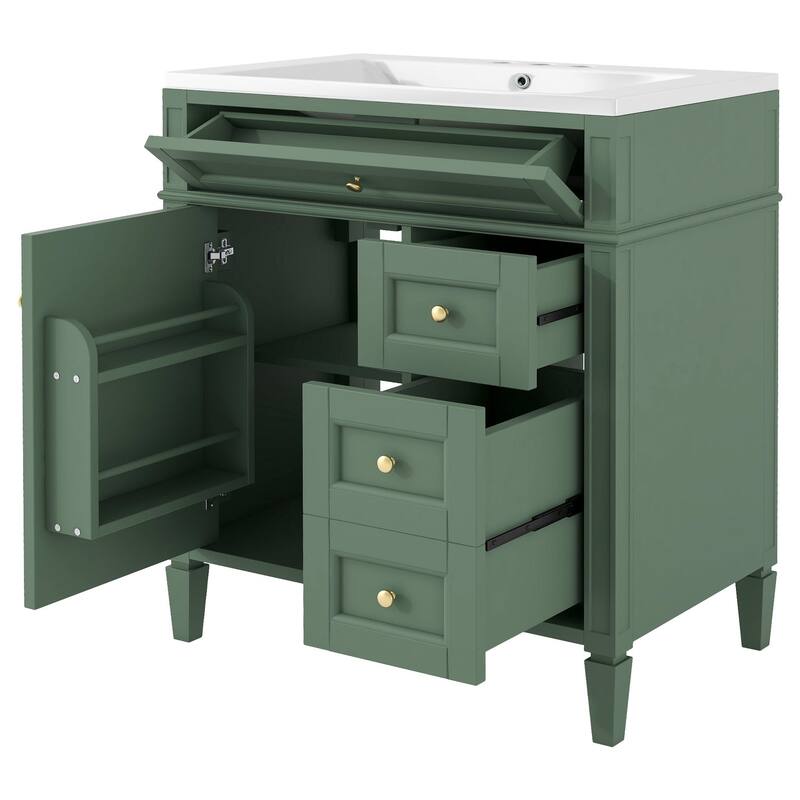 Plywood Freestanding Bathroom Vanity Set in Maple with Integrated Ceramic Sink with Mirror Cabinet - 30“ x 18"
