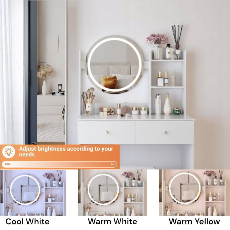KISRAIS 43.3" Fashion Vanity Desk with Mirror and Lights, 3 Color Lighting Brightness Adjustable