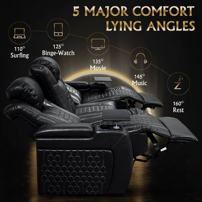 Roomfitters 86.6" Power Recliner 3-Piece Set, Top-Grain Nappa Leather, 12-Color RGB LED & USB-C Charging, Black