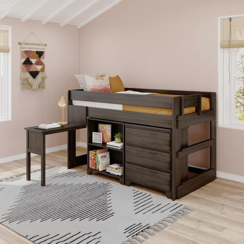 Max and Lily Farmhouse Twin Low Loft with Dresser, Bookcase and Desk - Barnwood Brown
