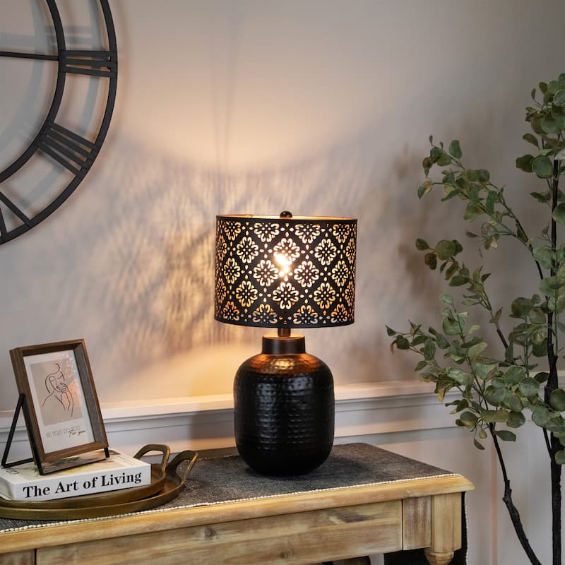 Round Iron Table Lamp with Laser-Cut Floral Shade - 19" - Black and Copper - 19