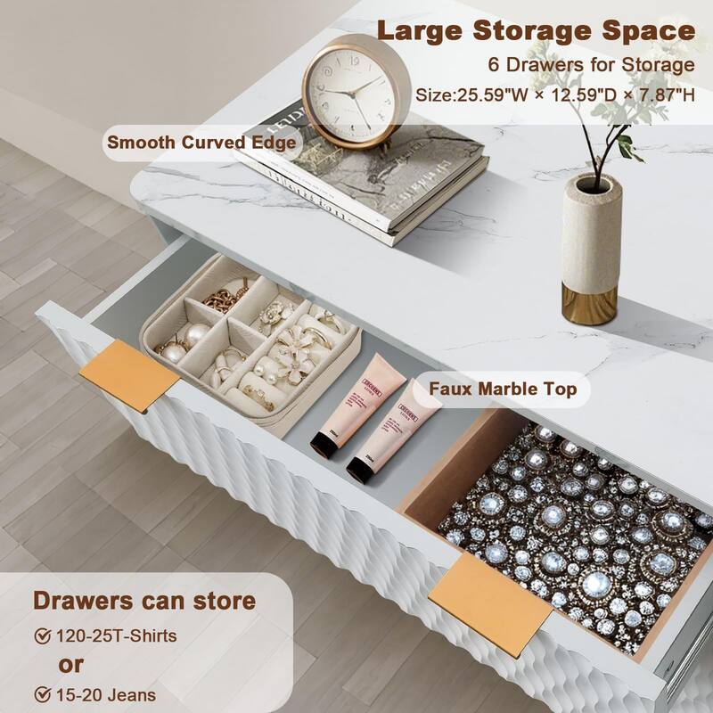 6 Drawer Wood Dresser with Faux Marble Top, 54" Wide Farmhouse Chest, Drip Pattern Design,