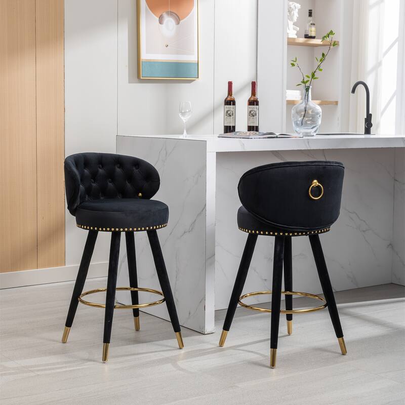 Set of 2 Counter Height Velvet Bar Stools with Solid Wood Legs