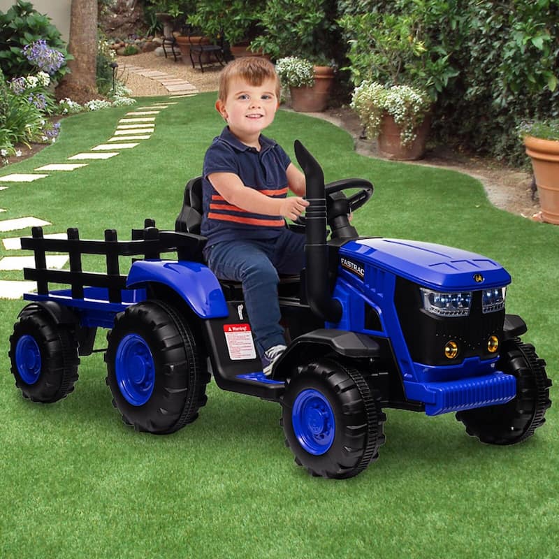 Electric Kids Ride On Tractor with Trailer, 12V Battery Powered Vehicle Toy