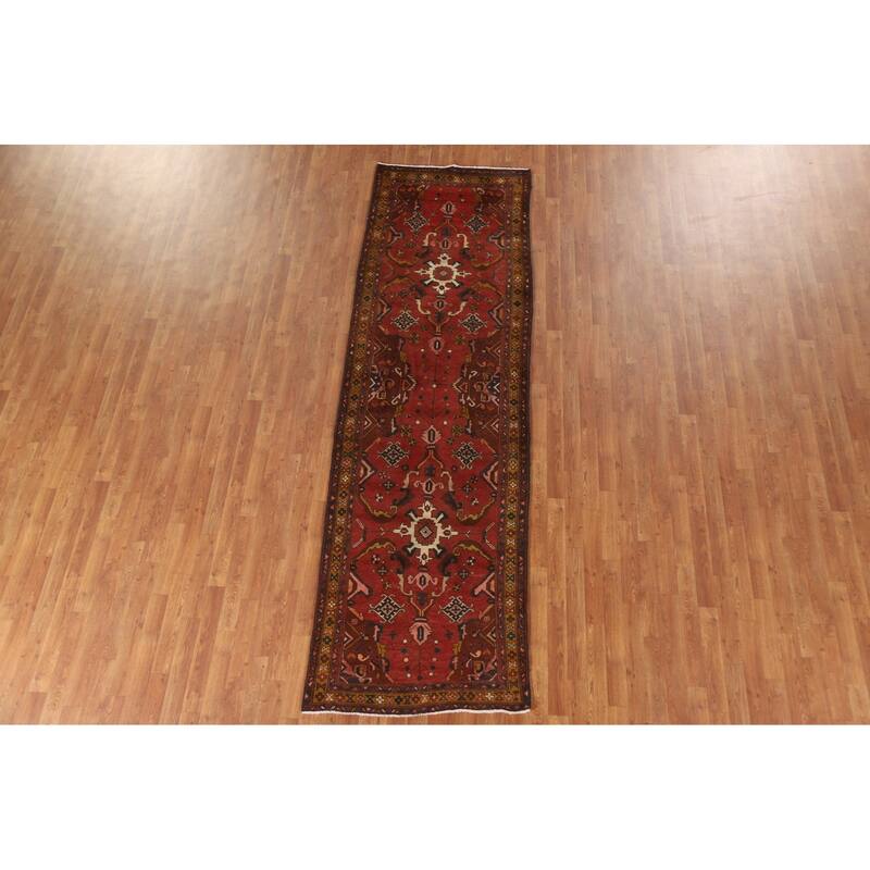 Hand Knotted Oriental 100% Wool Carpet Traditional Geometric Red Heriz Runner Rug - 10' 8'' X 3' 2''