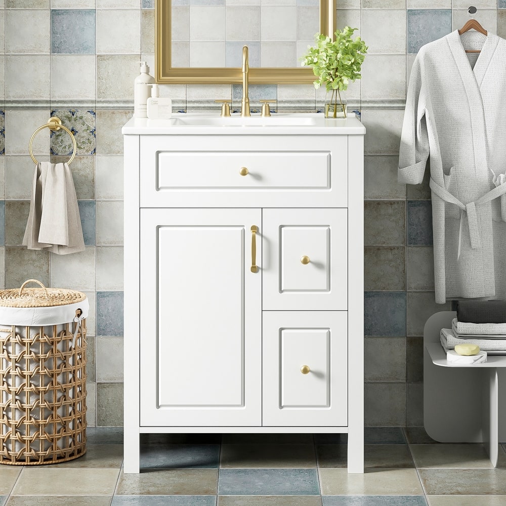 GDFStudio - Cielo 24" Bathroom Vanity with Ceramic Sink, 2 Drawers, Door & Storage Racks