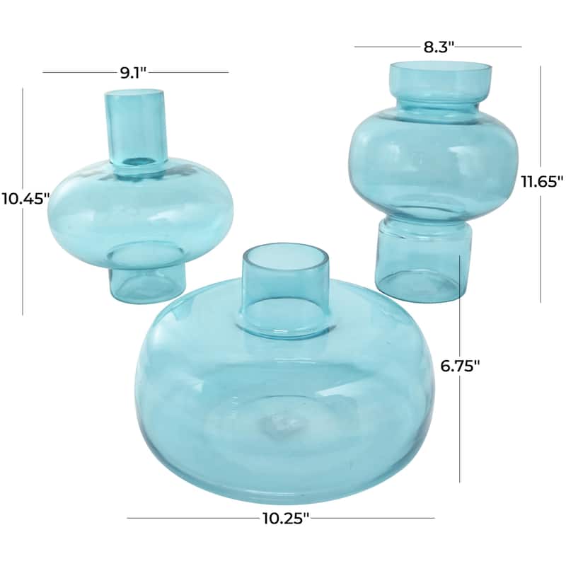 Glass Round Decorative Vase with Varying Shapes and Sizes - Set of 3 Blue, Green, Orange - Roche River Decor
