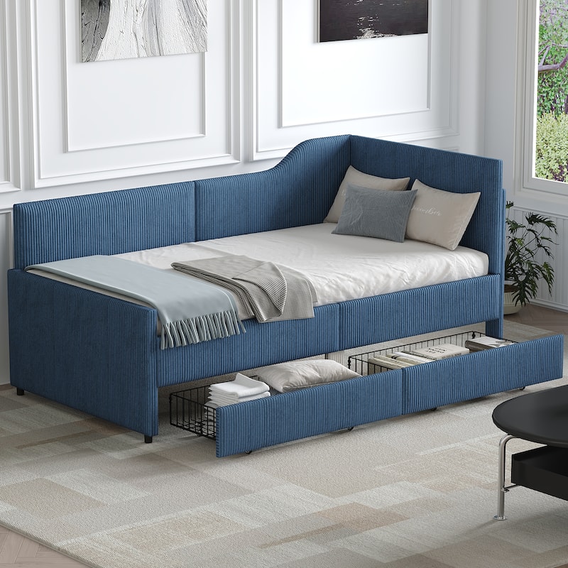 Vertical Lines Upholstered Platform Bed Frame with 2 Storage Drawers, L-Shaped Corduroy Daybed Sofabed
