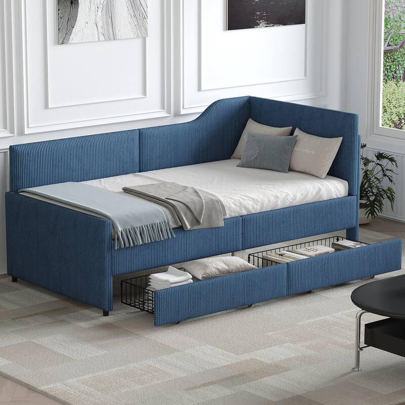 L-Shaped Daybed,Upholstered Bed Frame with 2 Storage Drawers - Blue