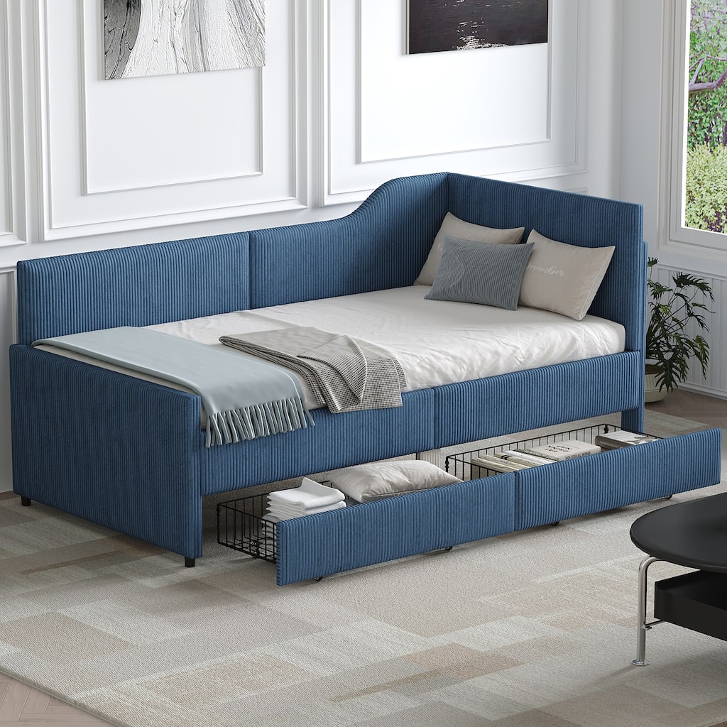L-Shaped Twin Daybed with Storage Drawers, Corduroy Upholstered Frame, Blue
