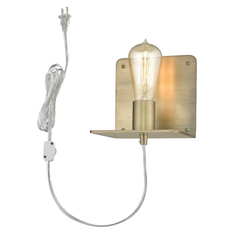 Modern Dull Gold Plug-In Wall Sconce with Shelf Steel Flush Mount Light Fixture LED Compatible - 6" H x 5" W x 5" D