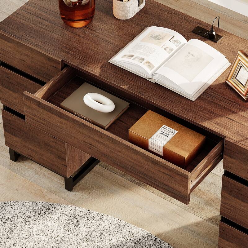 59In Modern Executive Desk With Charging Station & Drawers And 2 PCS 72In Tall BookcasesFor Living Room, Bedroom