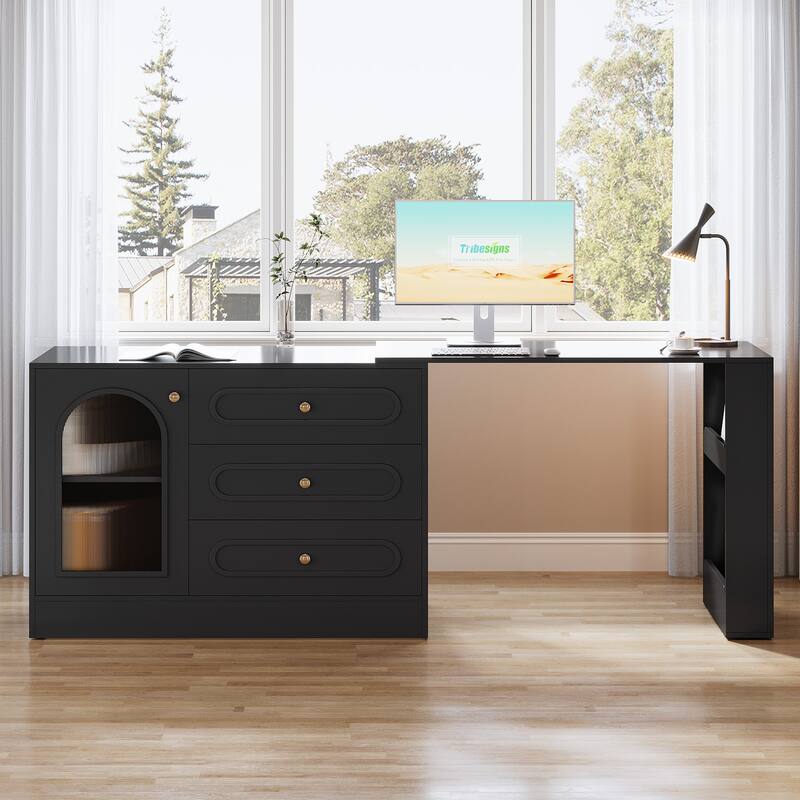 Modern 360° Rotatable Computer Desk, Executive Desk with 3 Drawers