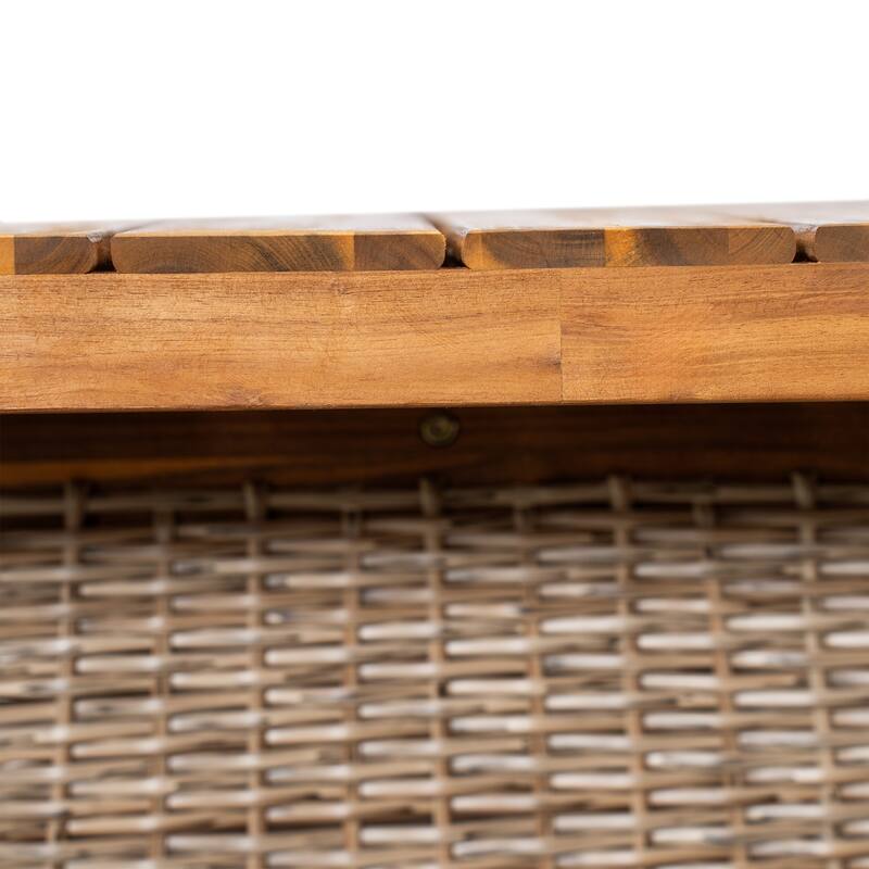 Outdoor Dining Table Acacia Wood Slatted Top with Woven Rattan Base