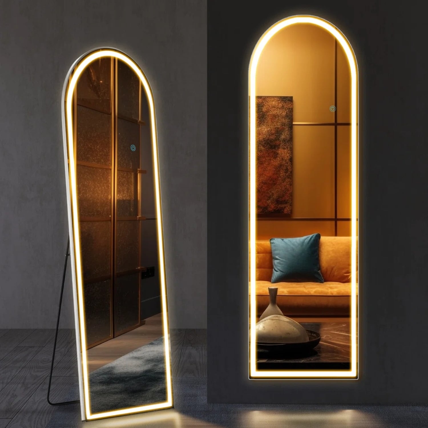 Arched Full Length Mirror with LED Lights, 26"x71" Lighted Floor Mirror with Dimming & 3 Color Lighting, Stand