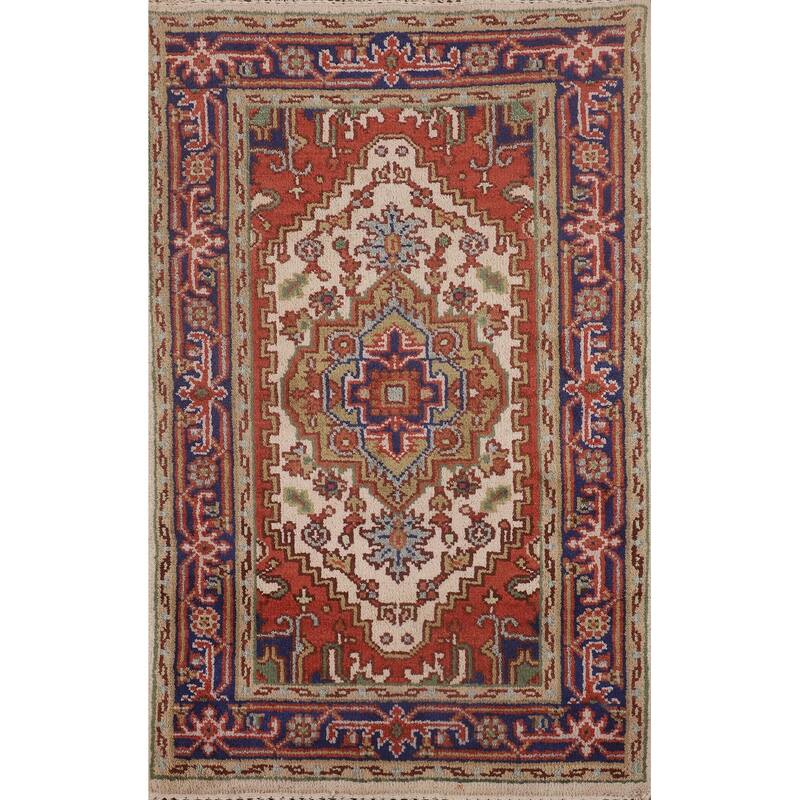 Ivory Geometric Heriz Serapi Indian Foyer Rug Hand-Knotted Wool Carpet - 3'0"x 4'11"