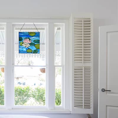 River of Goods Lotus Flower Pond River of Goods Multicolored Stained Glass Window Panel - 12" x 0.25" x 12"