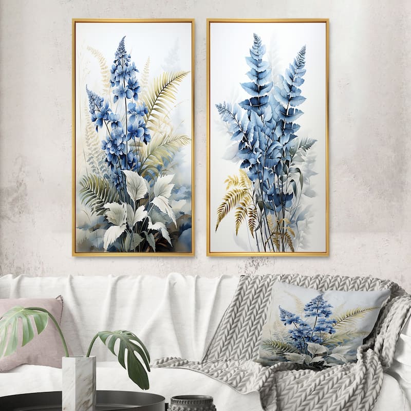 Designart "Ferns Sapphire Illumination" Ferns Framed Wall Art Set Of 2 - Blue Canvas Set For Living Room Decor - 24 in. wide x 20 in. high - Gold