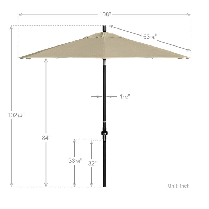 California Umbrella 9' Rd Patio Umbrella Black Aluminum Frame Fiberglass Ribs Crank Lift Collar Tilt, Sunbrella Cilantro