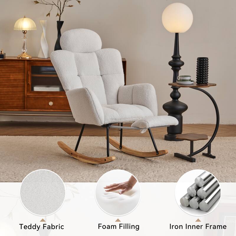 Teddy Fabric Upholstered Nursery Rocking Chair with Pillow & Footrest Modern Accent Armchair Padded Seat with High Backrest