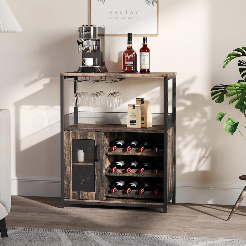 3-Tier Wine Bar Cabinet with Storage, Wine Rack & Glass Holder, Small Liquor Cabinet for Home, Black Corner Storage with Shelves - Tan