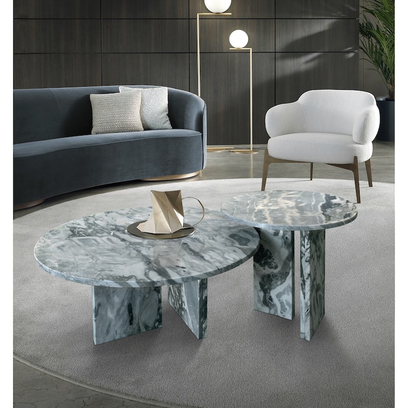 Roomfitters Marble Coffee Table Set, Round Living Room Tables, Solid Stone Modern Accent Table Set, Genuine Marble - Blue+Grey