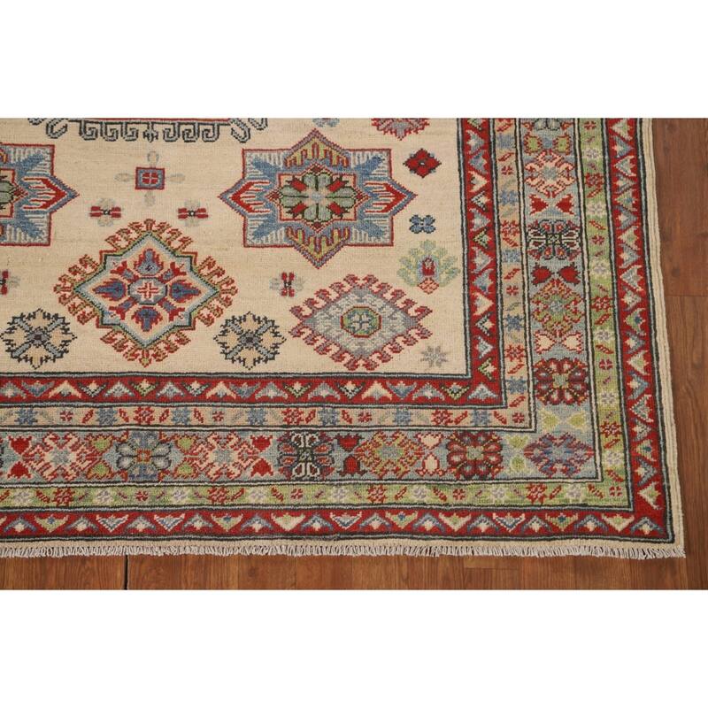 Geometric Beige Kazak Area Rug Handmade Wool Carpet - 5'1" x 6'4"