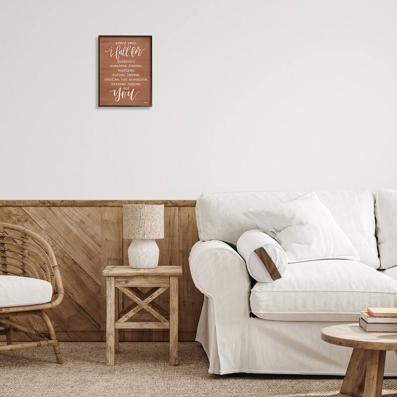 Stupell Cozy Romantic Autumn Quote Brown Seasonal Calligraphy Framed Wall Art - White