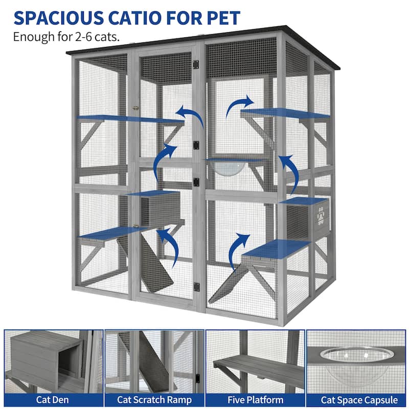 Moasis 70.9'' H Cat House Outdoor Catio Kitty Enclosure Wooden Cat Cage Playpen with Platform