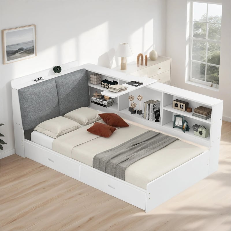 Wood Twin Size Platform Bed w/ Storage Headboard, Shelves & 2 Drawers