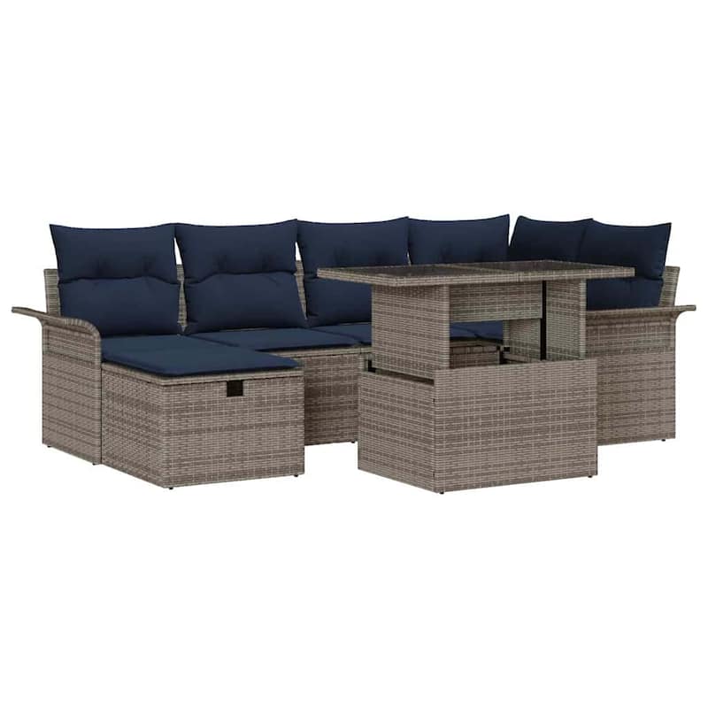 vidaXL 7 Garden Sofa Set with Cushions Black/Brown/Grey Poly Rattan - 95.5 x 52.2 x 27.2