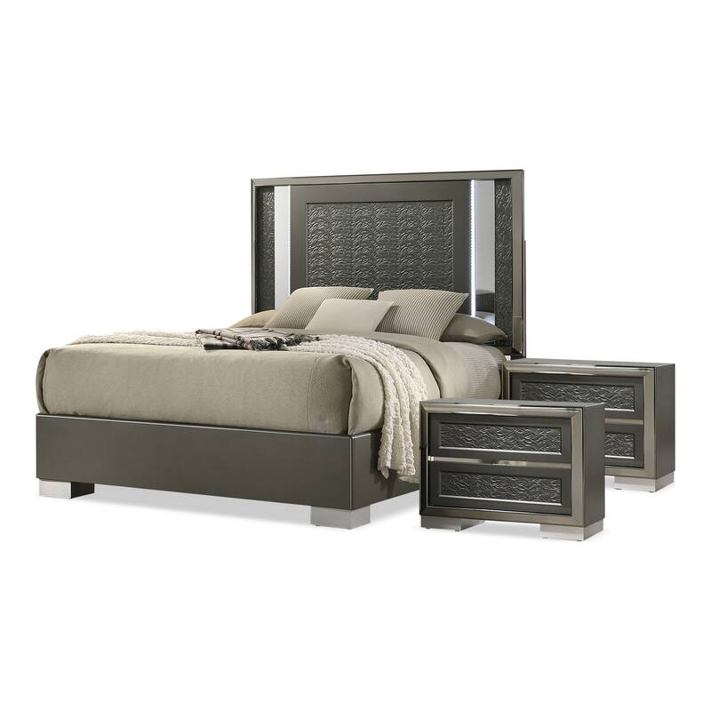 Furniture of America Iralles Modern 3-Piece Dark Grey Wood Queen Platform Bedroom Set with LED Light