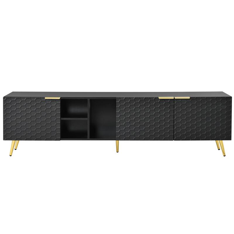 71" Minimalist TV Cabinet with Geometric Honeycomb Pattern - Gold Accents, Cable Management, Storage