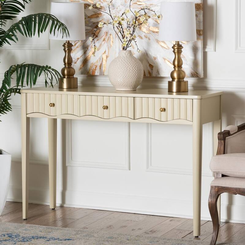 Leeba Console Table - 3-Drawer Accent Table with Fluted Wood and Scalloped Framing for Living Room, Hallway, or Entryway