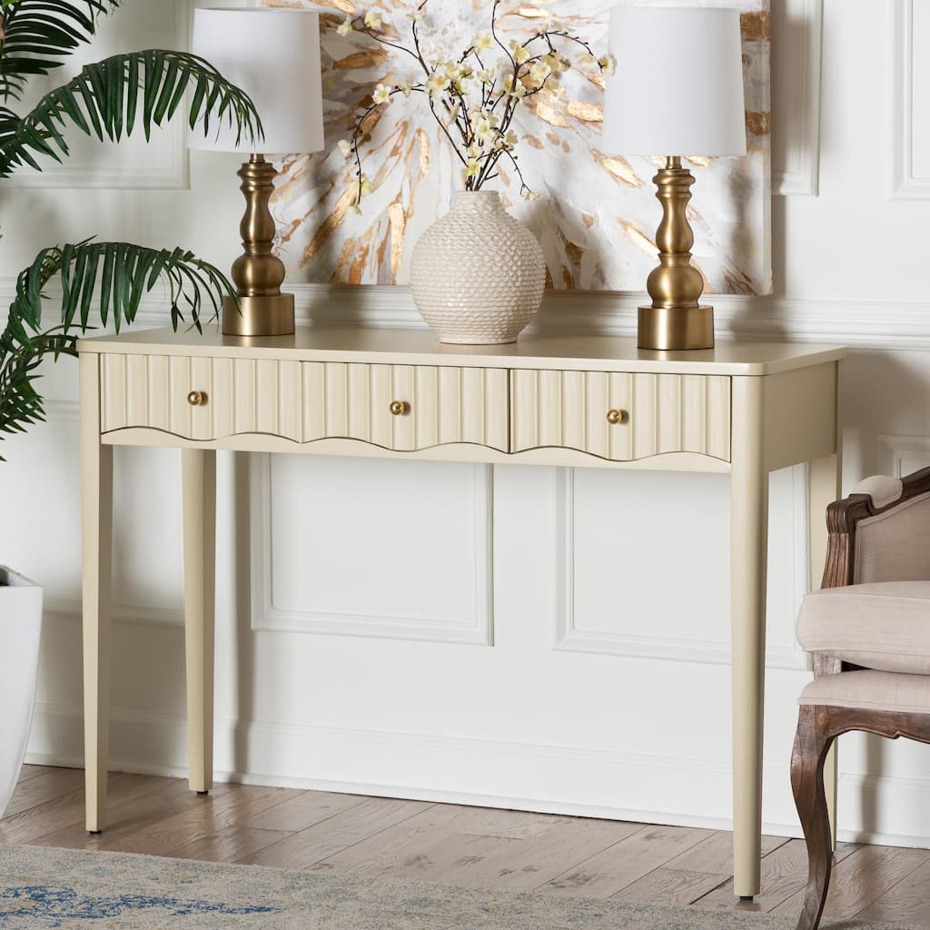Leeba Console Table - 3-Drawer Accent Table with Fluted Wood and Scalloped Framing for Living Room, Hallway, or Entryway