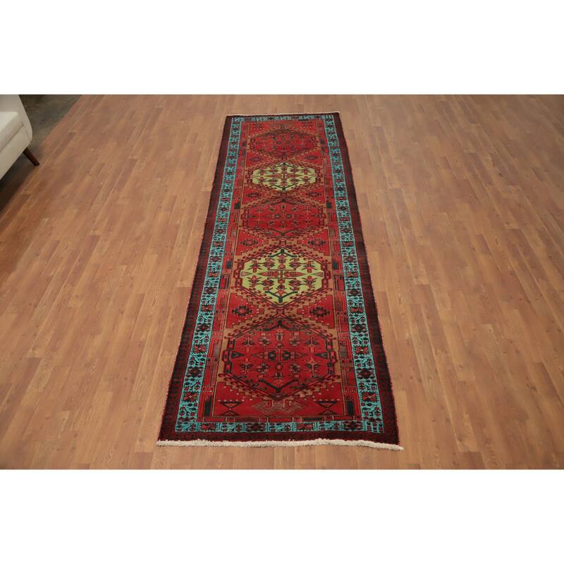 Hand Knotted Oriental 100% Wool Carpet Traditional Geometric Red Ardebil Runner Rug - 10' 6'' X 3' 4''