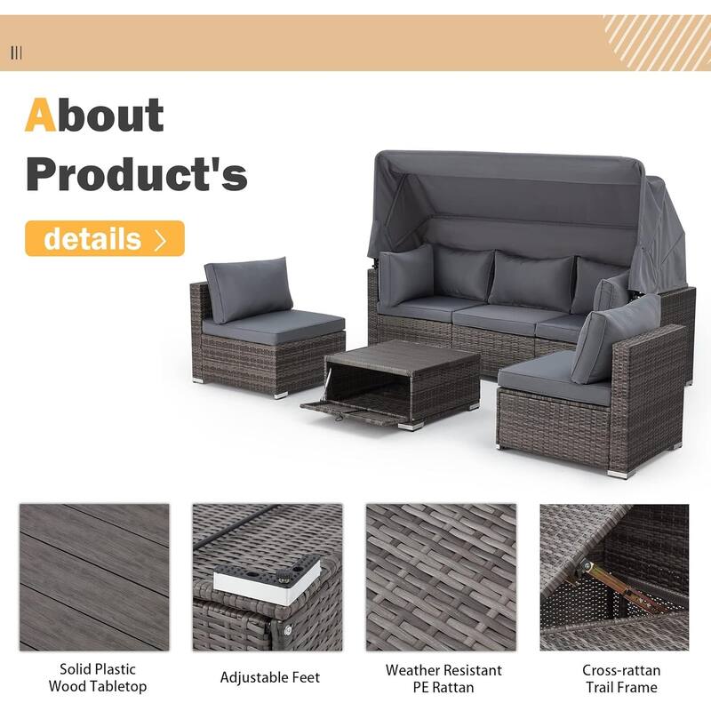 Erommy 6-Piece Patio Set - Rattan Daybed with Canopy & Adjustable Backrest