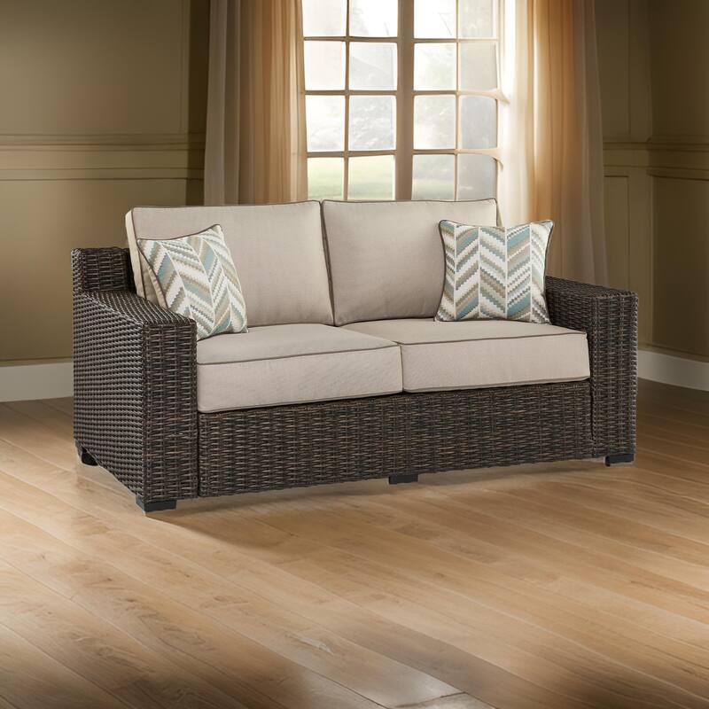 Waga 71 Inch Outdoor Loveseat, 2 Throw Pillows, Brown Resin Wicker, Beige
