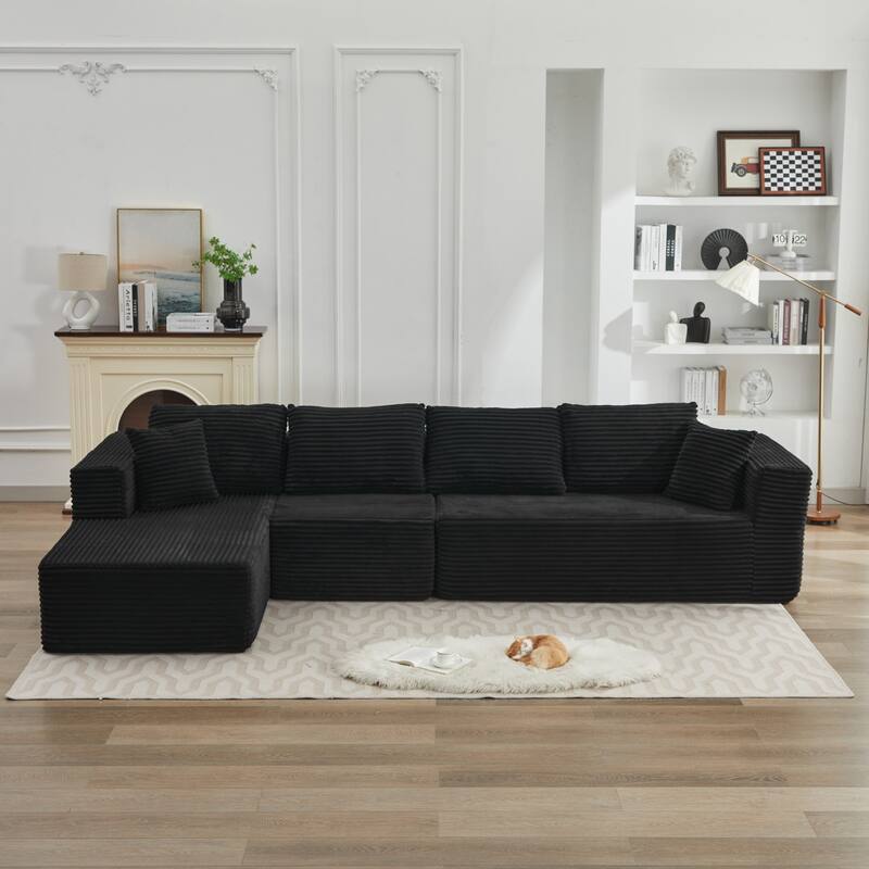 Modular Sectional Sofa with L-Shape Chaise, Oversized Corduroy Upholstered Cloud Sofa, Deep Seat Sofa with 2 Throw Pillows