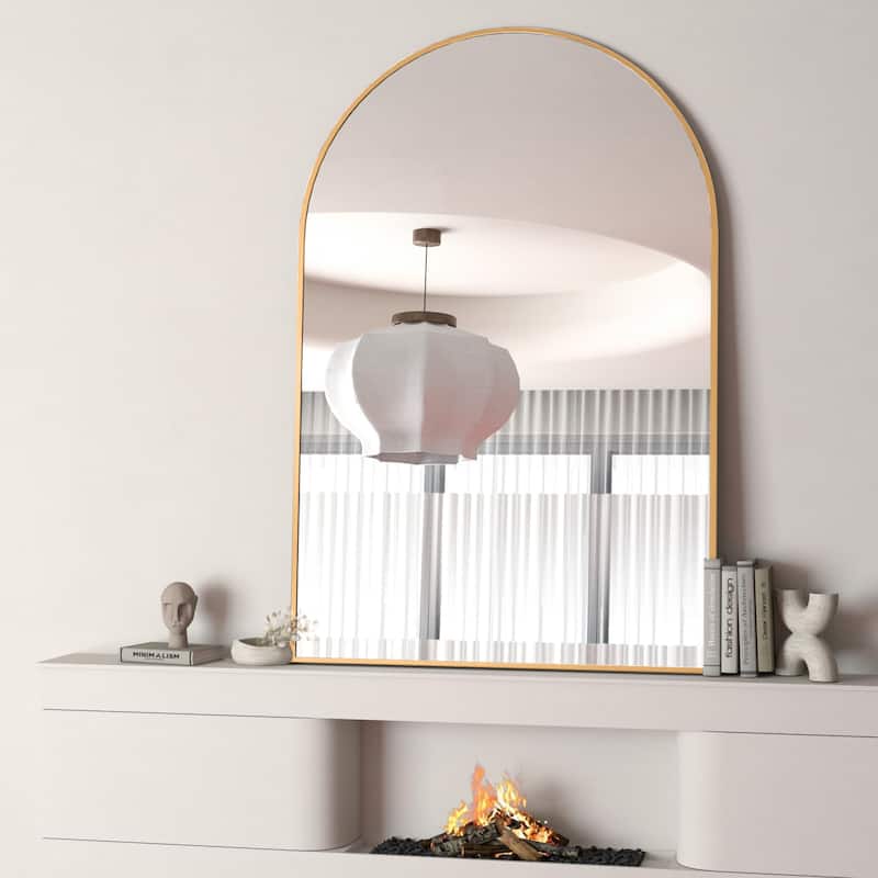 24x32 Inch Silver Metal Framed Arched Bathrrom Mirror for Wall - Gold