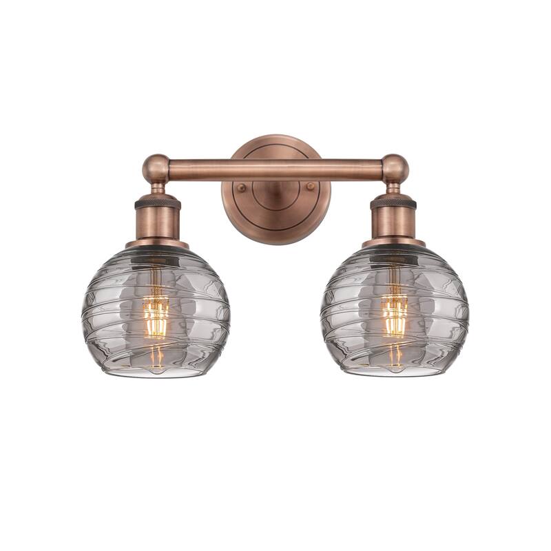 Innovations Lighting 616-2W 10 15 Athens Deco Swirl Vanity Athens Deco - Antique Copper / Light Smoke Deco Swirl