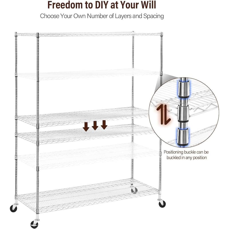Wire Shelf Rack Shelving, 5 Shelf Metal Storage Rack with Wheels, 60"x24"x72" - 5 Tier