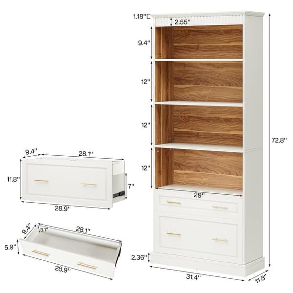 dimension image slide 0 of 2, 5-tier Tall Modern Wood Bookcase Bookshelf with File Cabinet Drawer