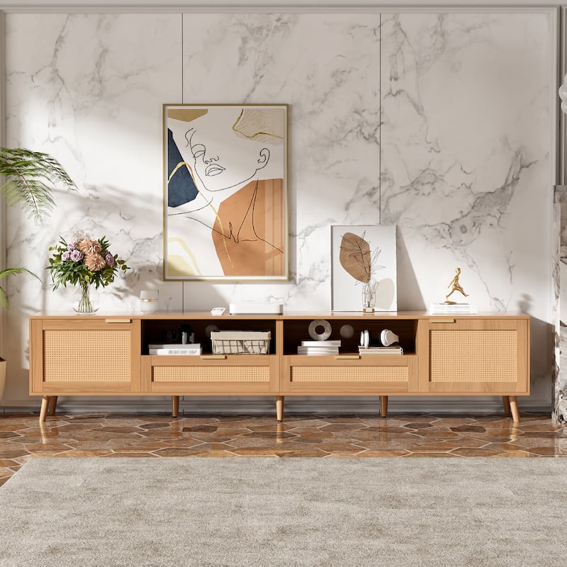 Boho Rattan TV Stand Media Console Table TV Cabinet for TVs up to 85", Natural - Natural