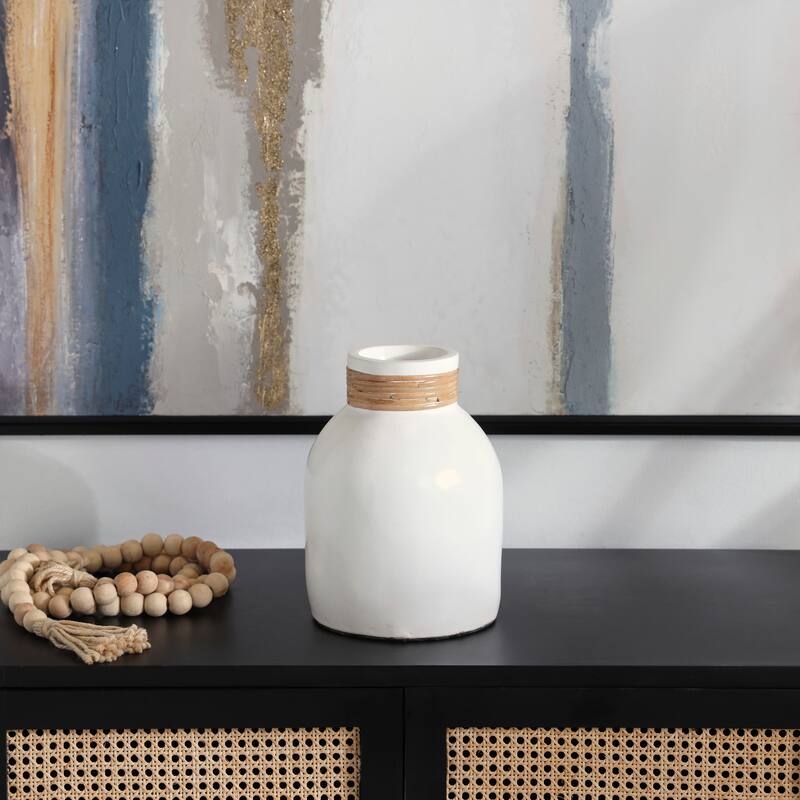 White Ceramic Decorative Vase with Wrapped Rattan Detailing - White