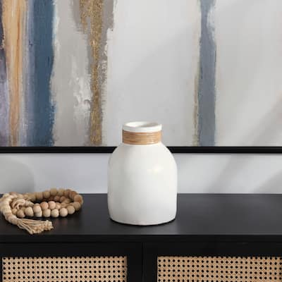 White Ceramic Decorative Vase with Wrapped Rattan Detailing