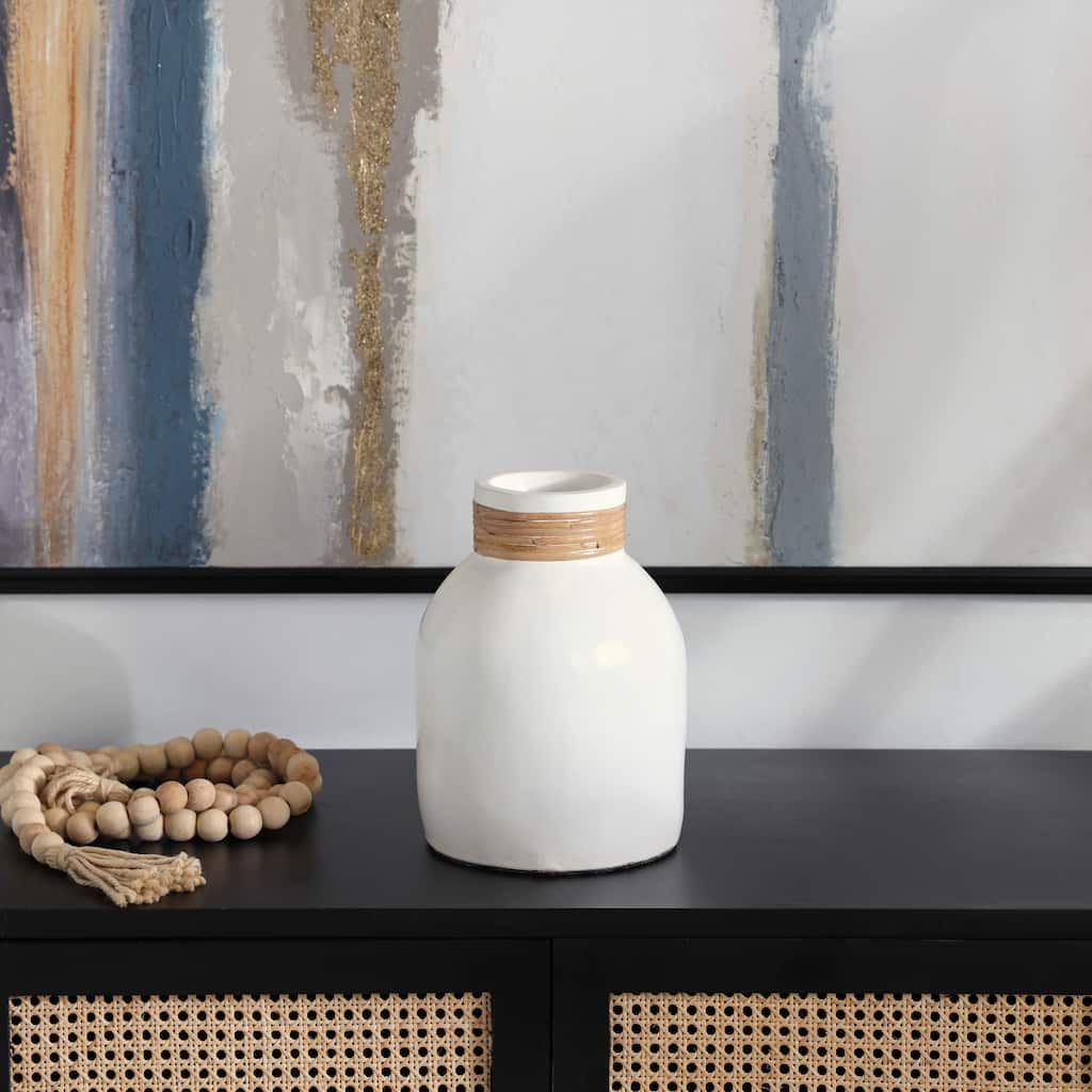 White Ceramic Decorative Vase with Wrapped Rattan Detailing