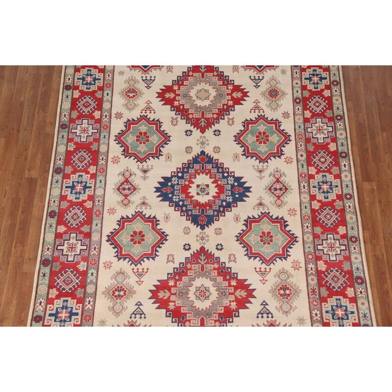 Hand Knotted Oriental 100% Wool Carpet Traditional Geometric Beige & Ivories Kazak Area Rug - 9' 9'' X 6' 8''
