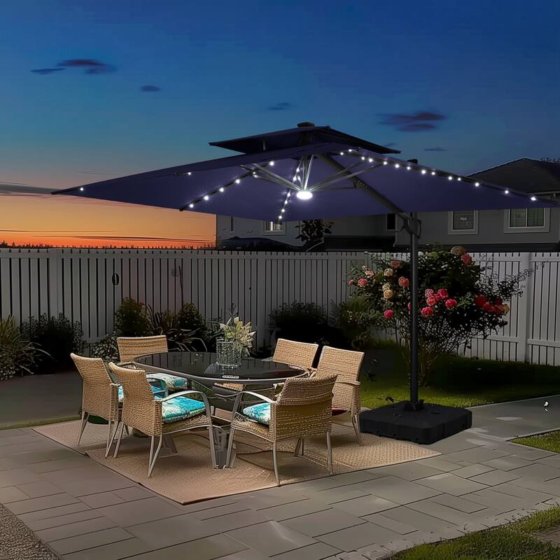 9 x 11 FT Outdoor LED Lighted Double Top Patio Cantilever Umbrella with Base