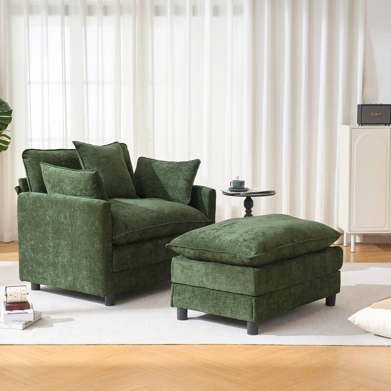 39.4" Modern Accent Chair with Ottoman, Living Room Club Chair Chenille Upholstered Armchair, Reading Chair for Bedroom
